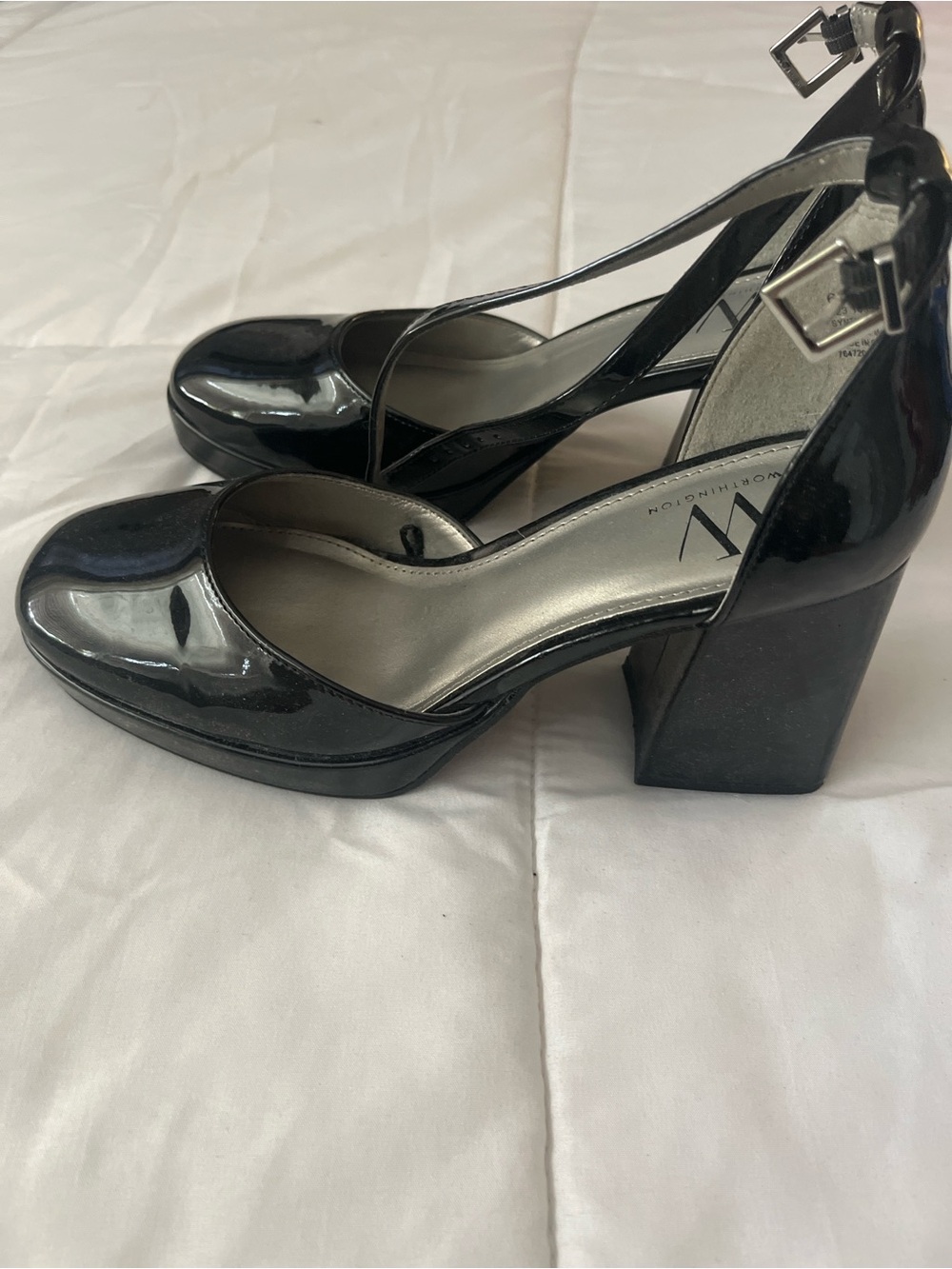 Worthington Black Patent Block Heel Pumps with Ankle Strap